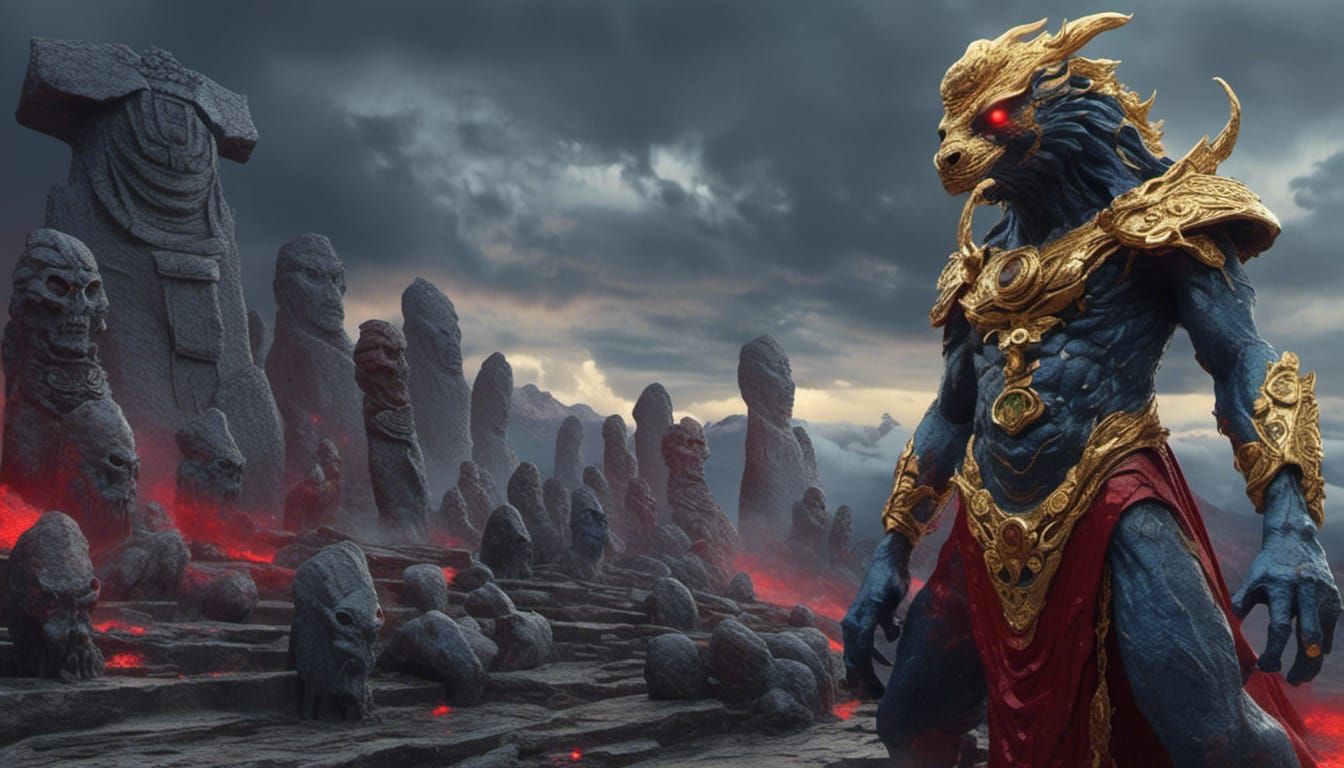 Undead Chimera Kaiju with Daemonic Moai, Pen and Pencil