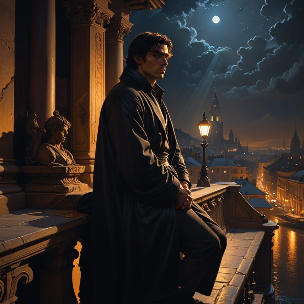 Man in Contemplation Under Starry Night Sky