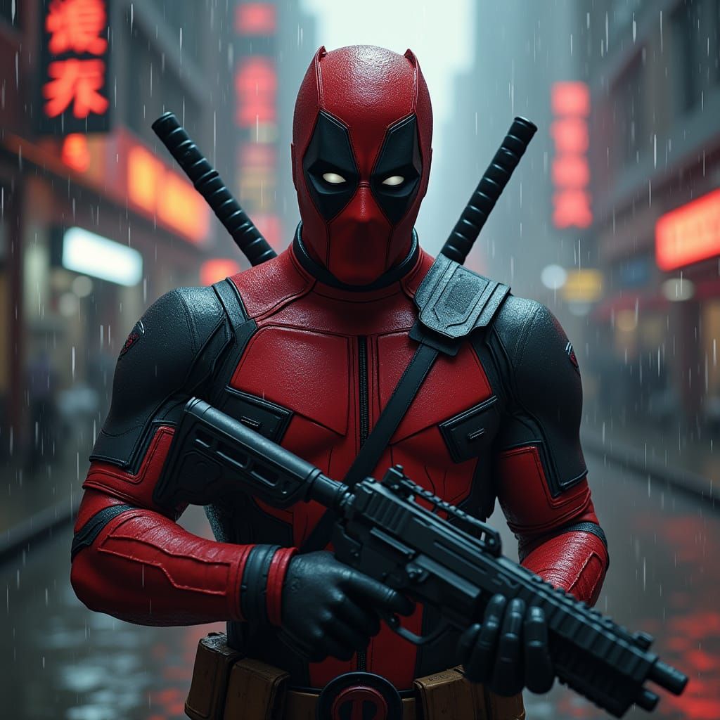 Rain-Soaked Antihero with Futuristic Pistol