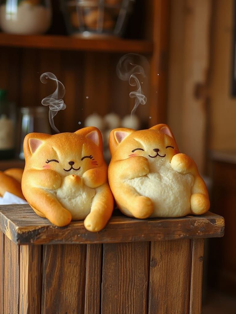Charming Kawaii Cat Bread Display in Bakery