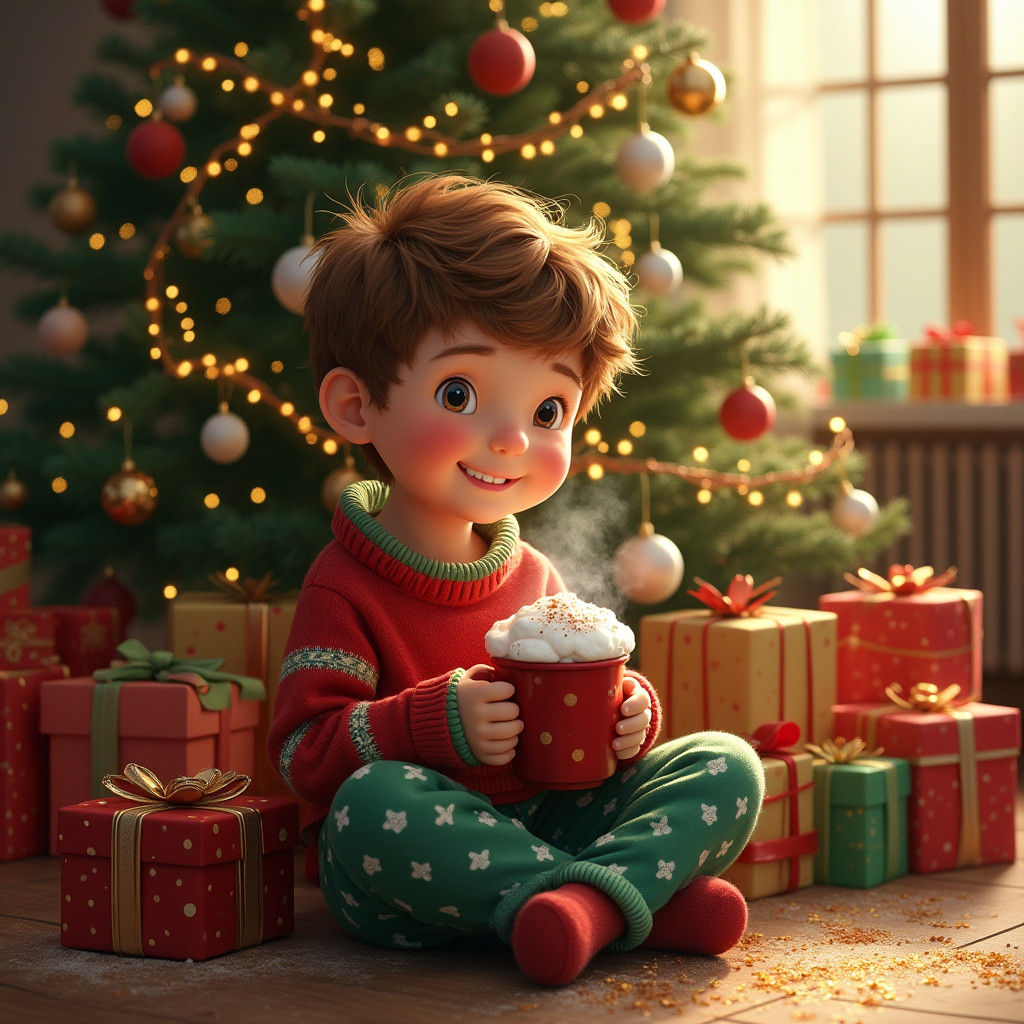 Boy's Joyful Christmas Morning Glow