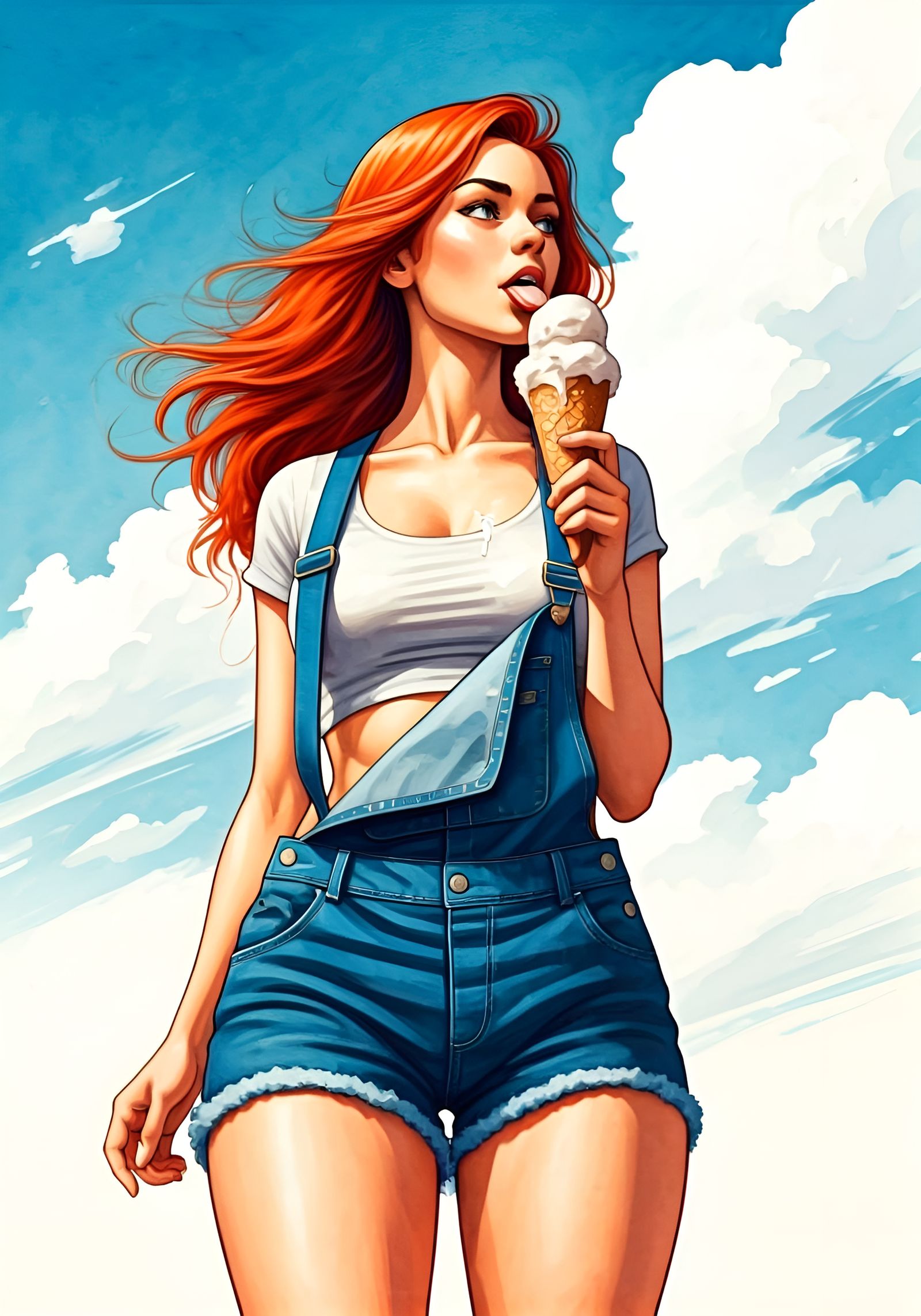 Watercolor Farm Girl with Melting Ice Cream