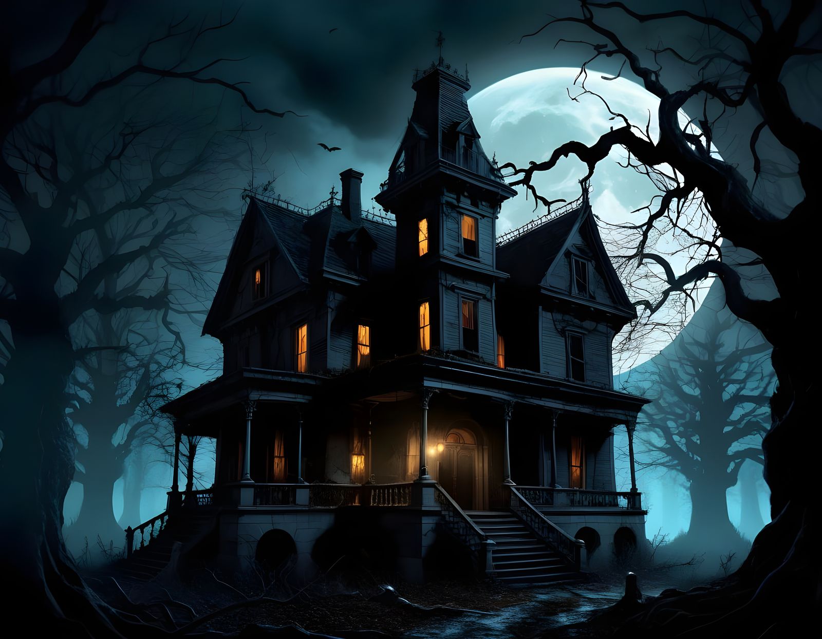 Spooky Haunted House Amidst Dark Forest