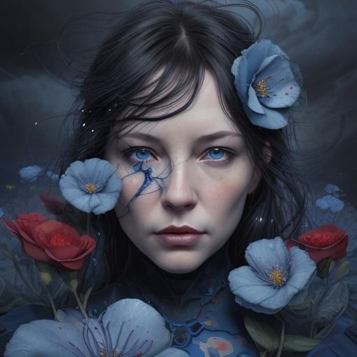 Romantic Kiss in Stormy Landscape, James Jean Style