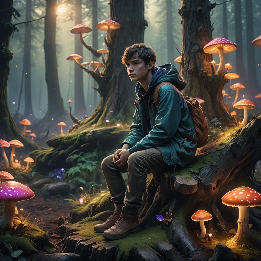 Mystical Forest Scene with Glowing Mushrooms