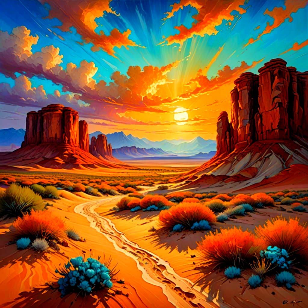 Vibrant Desert Oasis in Whirling Oil Paints