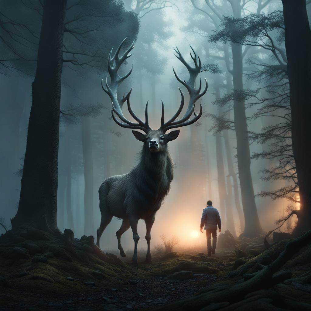 Ethereal Stag Apparition in Misty Forest