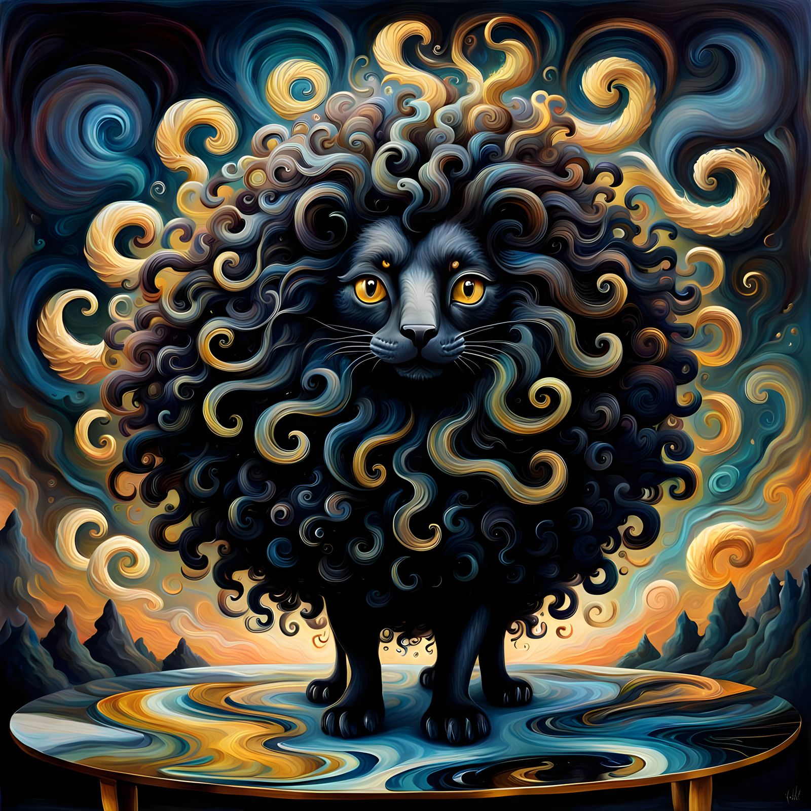 Whimsical Surrealist Oil Painting of a Curious, Coffee Table...