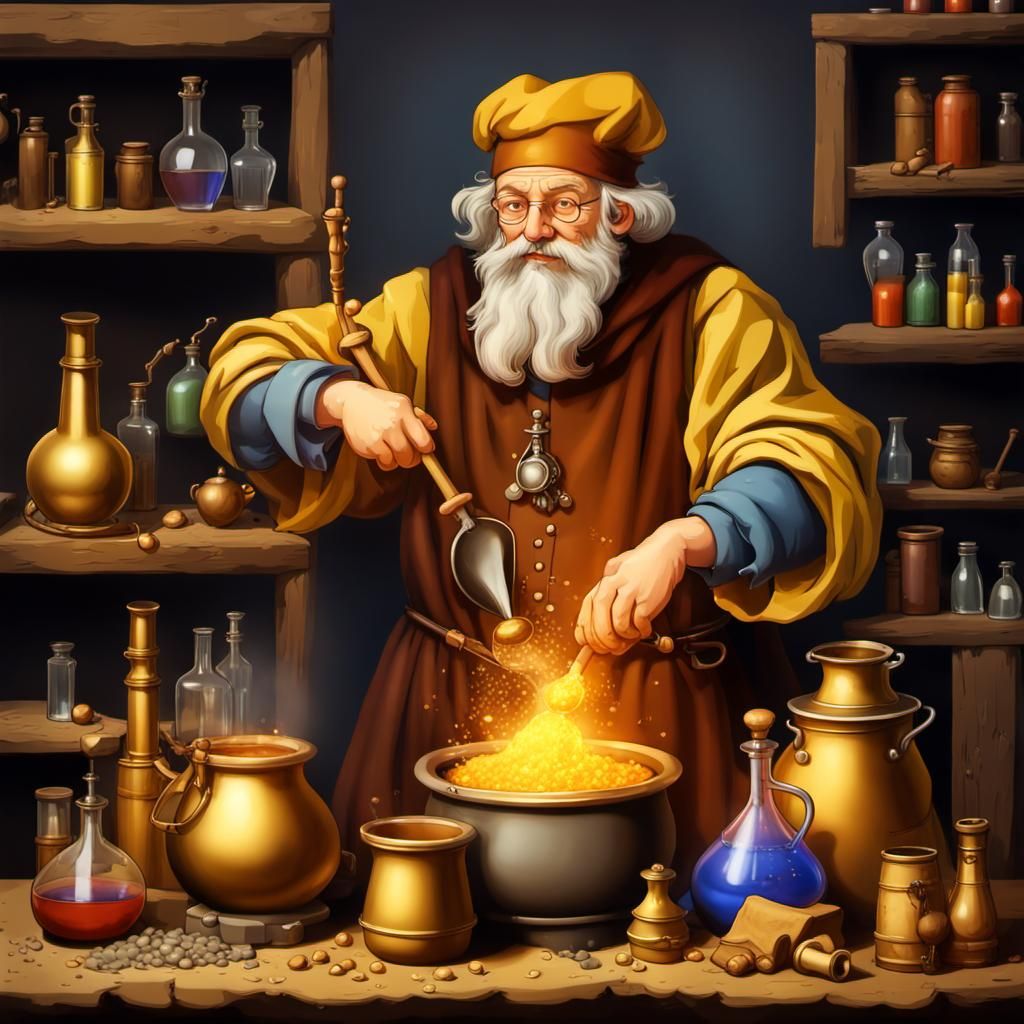 Alchemist Cooking Gold for Spectators: Medieval Illustration