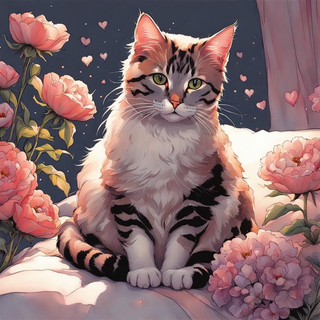 Cat on Pillow Surrounded by Flowers in Comic Book Style