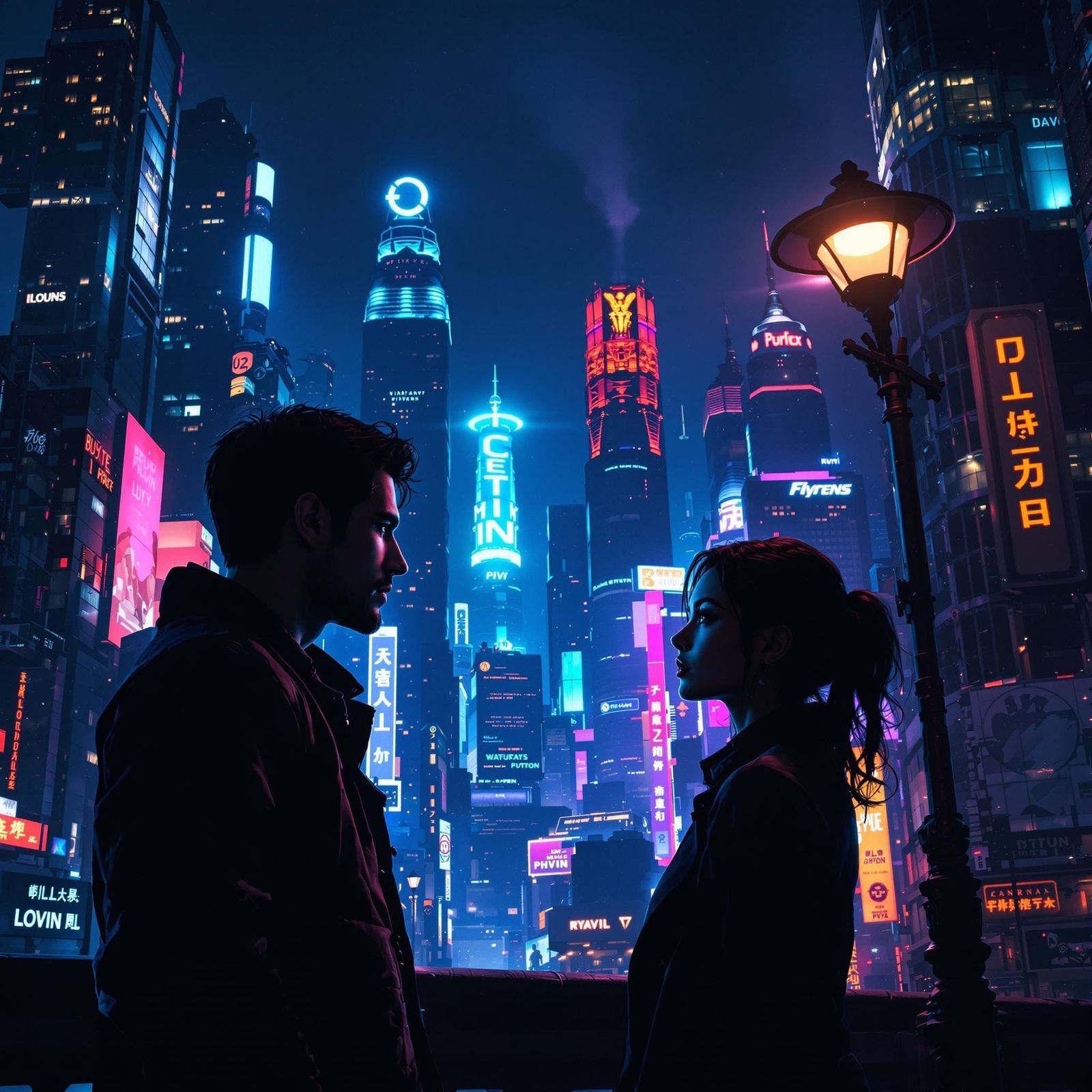 Futuristic Strangers Share Mysterious Glances Under City Lig...