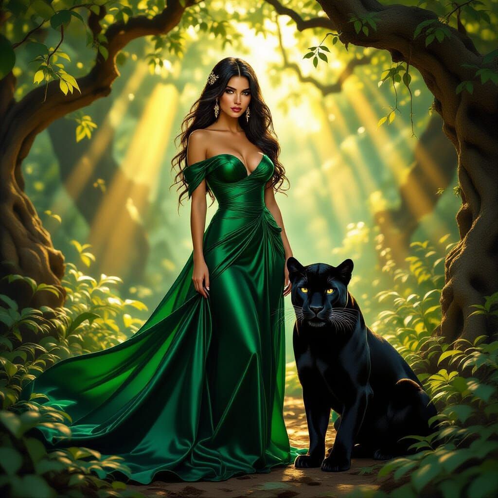 Woman and Panther in Sun-Dappled Forest, Hyperrealistic Digi...