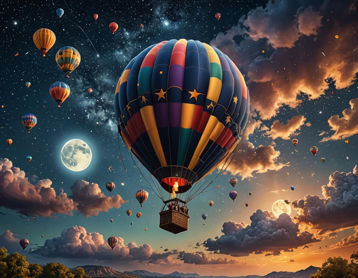 Moonlit Hot Air Balloon in Hyperrealistic Style