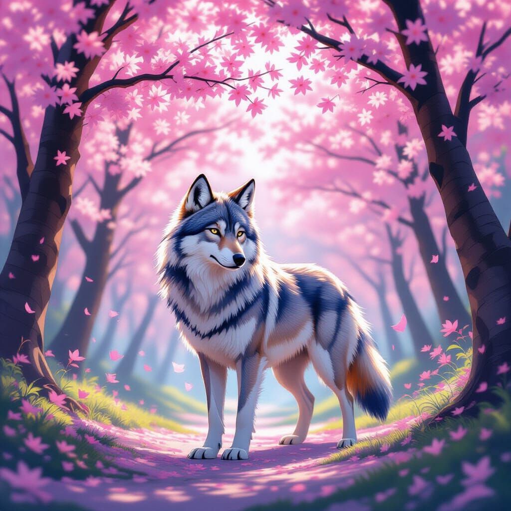Rainbow Wolf in Cherry Blossom Forest
