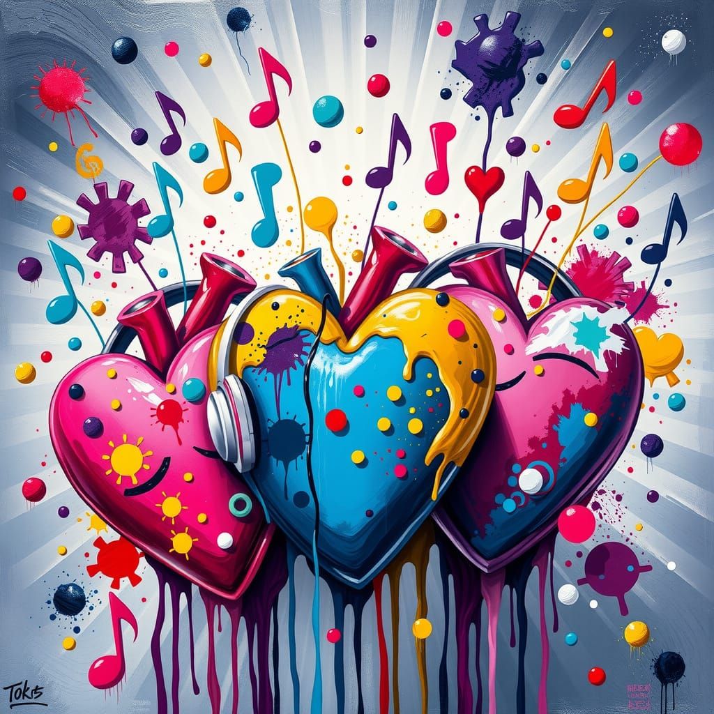 Stylized Hearts in Whimsical Music Scene