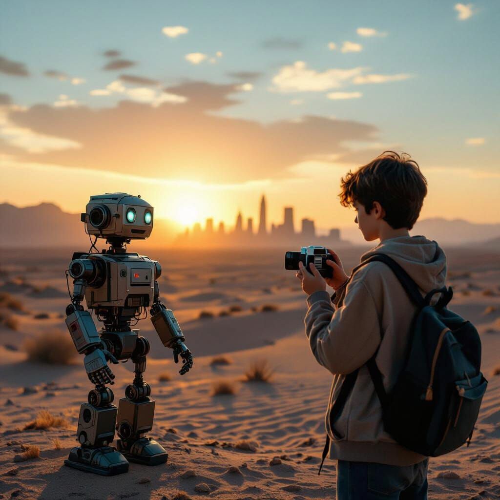 Teen Boy Photographs Robot Friend in Desert Sunset