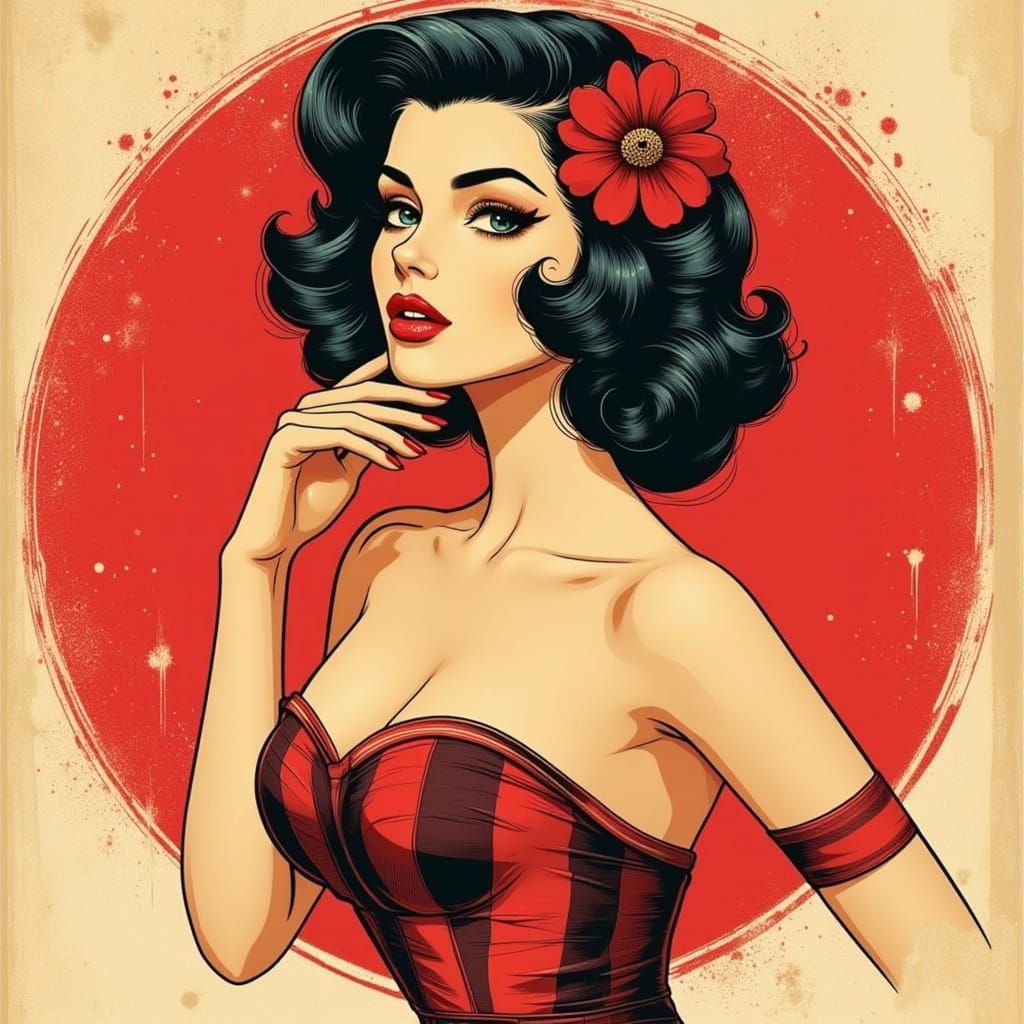 Vintage Pin-Up Girl in Tattoo Art Style