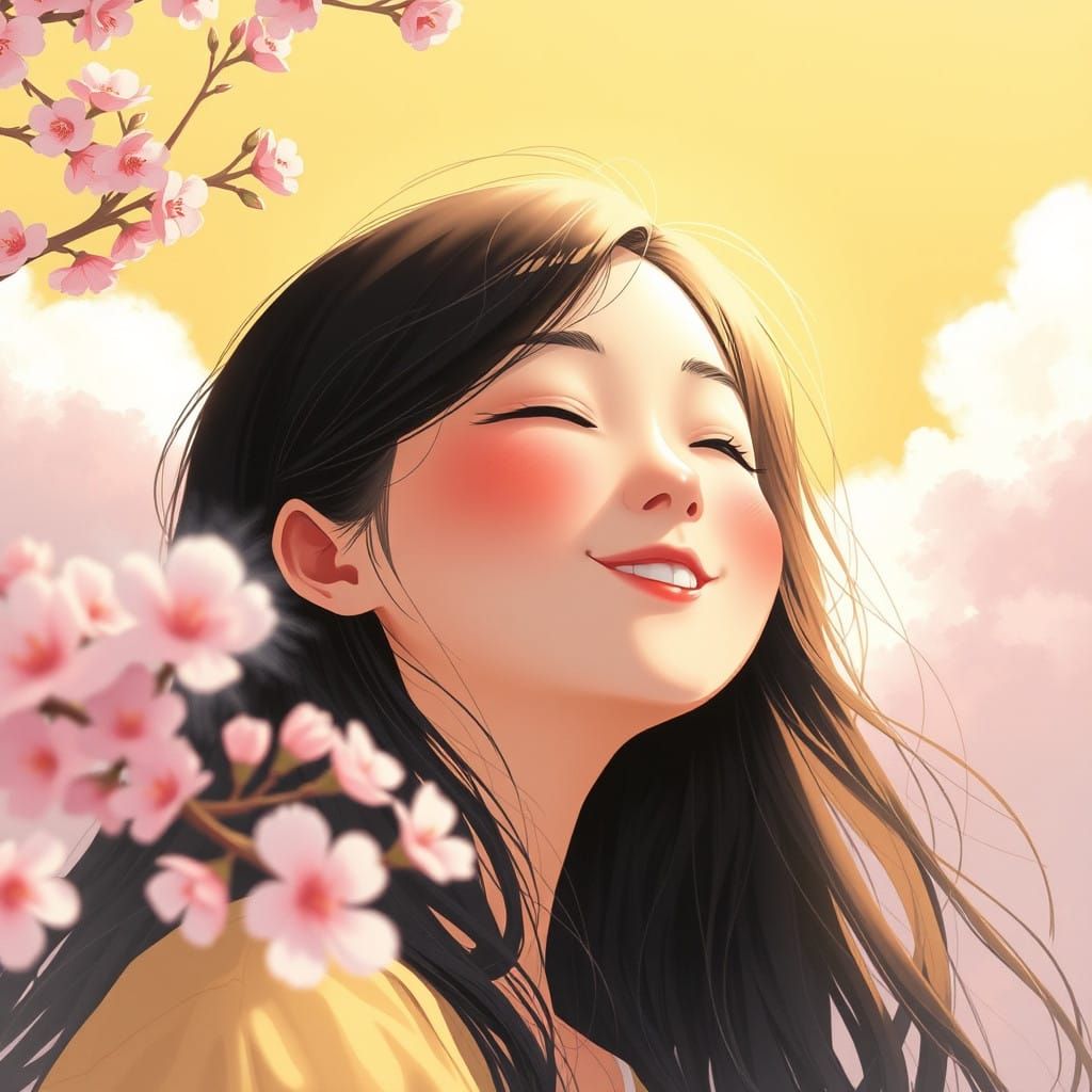 Serene Woman Basks in Whimsical Cherry Blossom Paradise