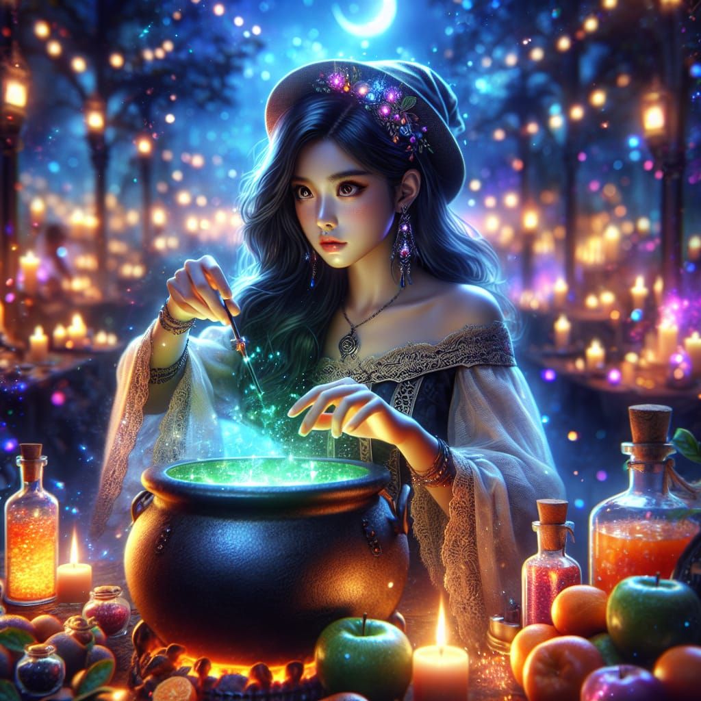 Young South Asian Witch Enchants with Potion-Making Magic