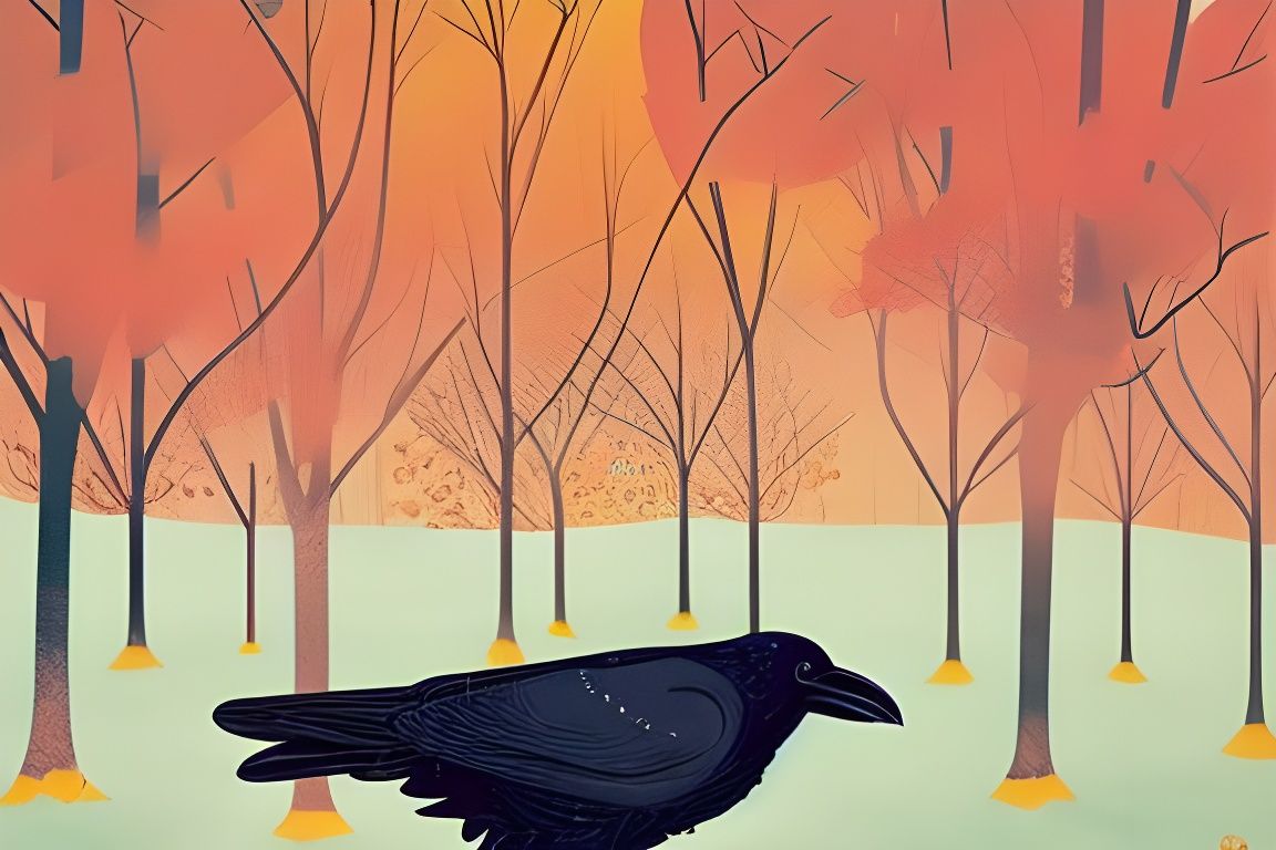 Raven in Autumn Park, Illustration Art