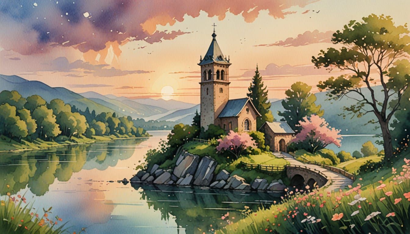 Dreamy Clock Tower Concept Art in Pastel Colors