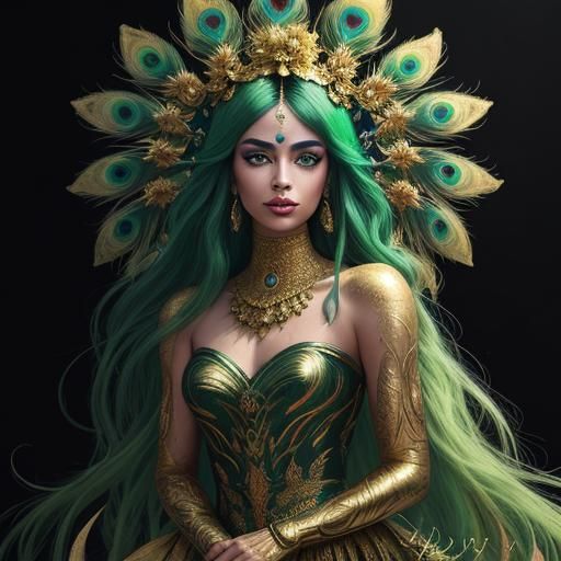 Golden Woman with Peacock Feathers in Abstract Art