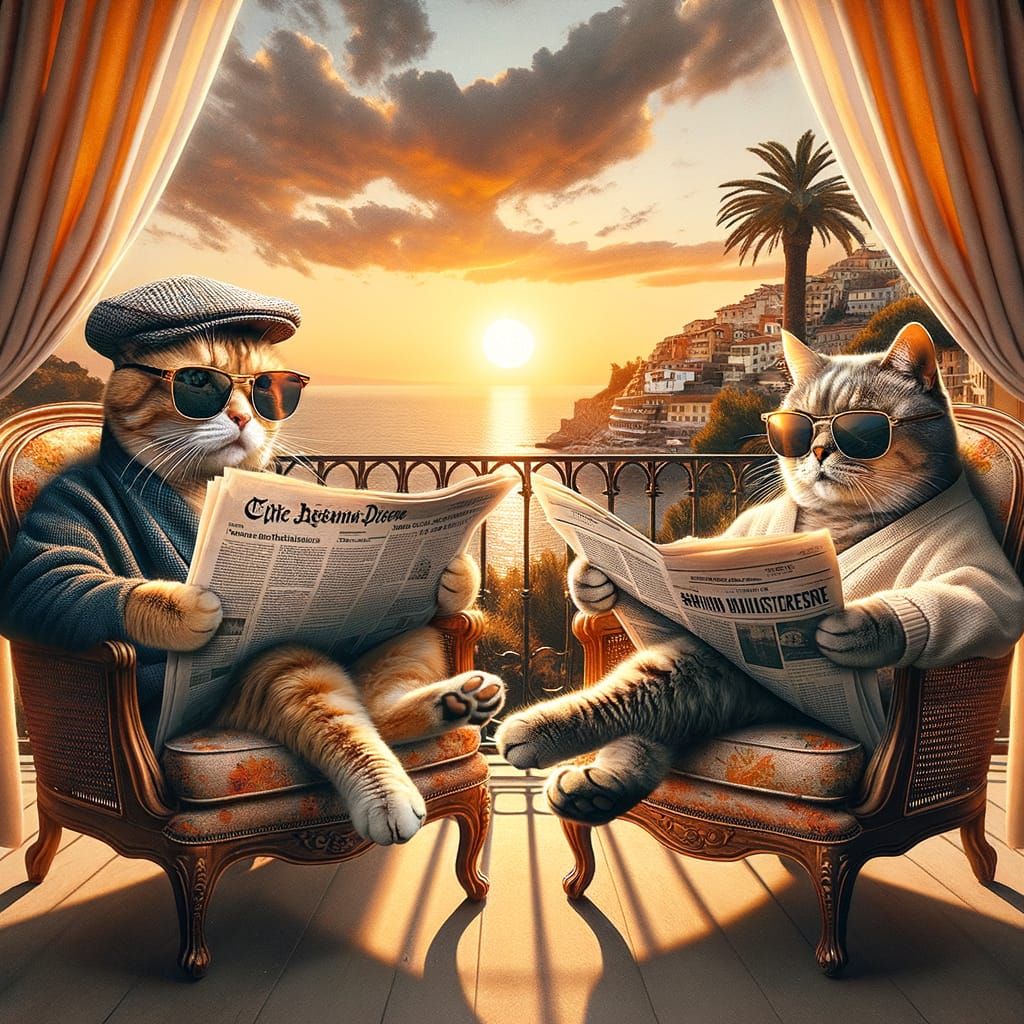 Elderly Cats Reading Newspapers on Balcony