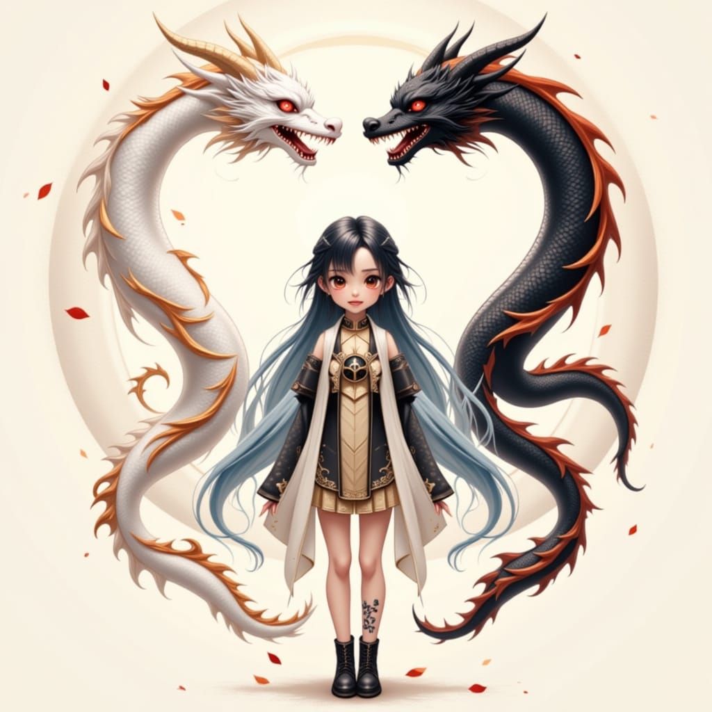 Anime Girl With Twin Dragons, Yin Yang Style