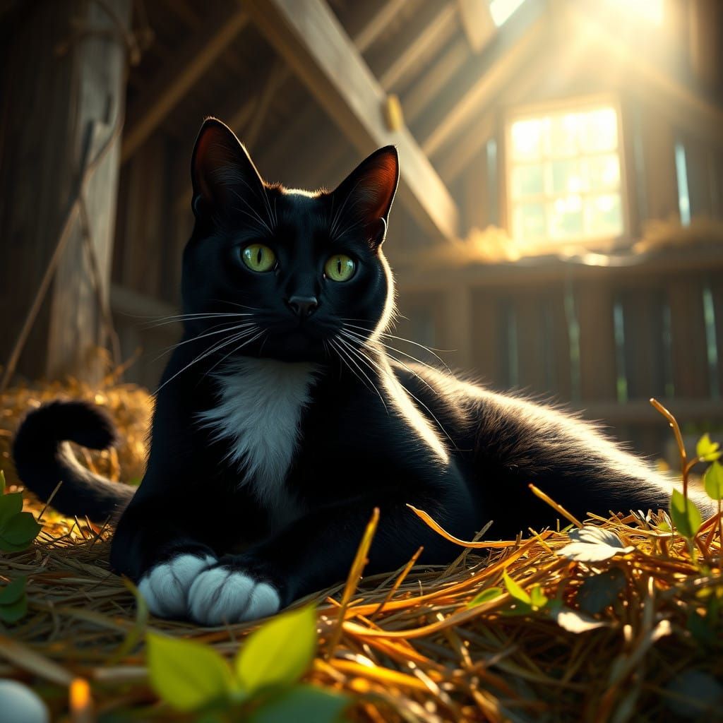 Majestic Black Cat in Whimsical Barn Scene with Vibrant Foli...