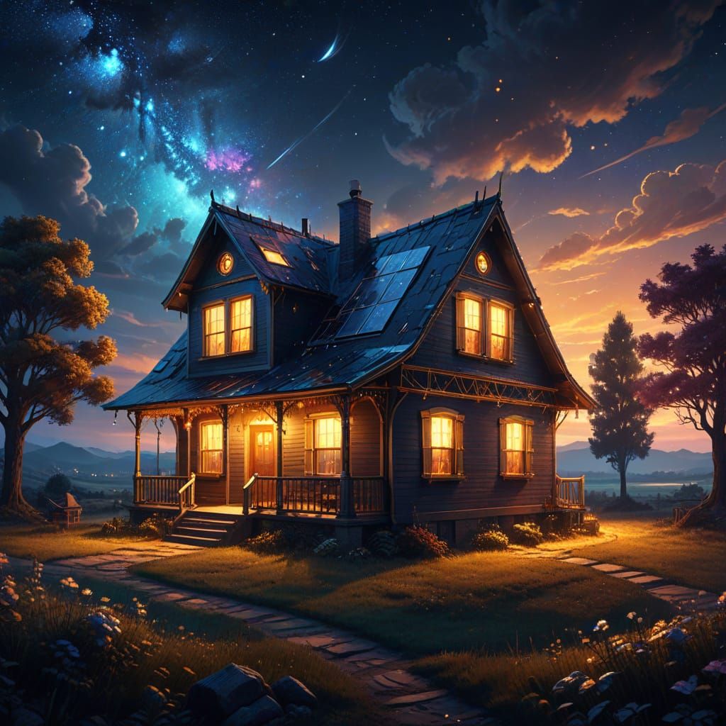 House Lights Under Starry Cosmic Sky