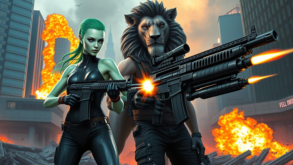 Futuristic War Scene with Alien, Soldier, and Lion