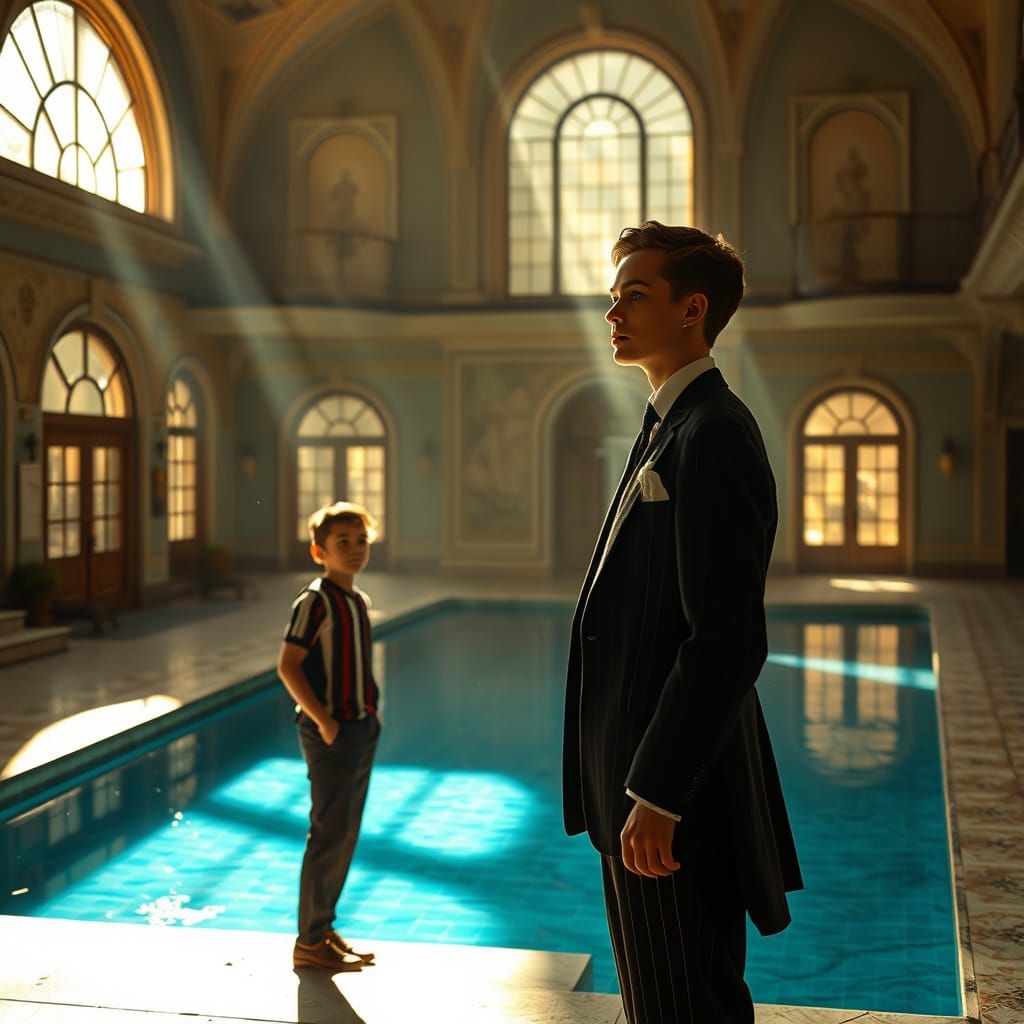 Elegant Woman by Pool in Decaying Art Deco Mansion