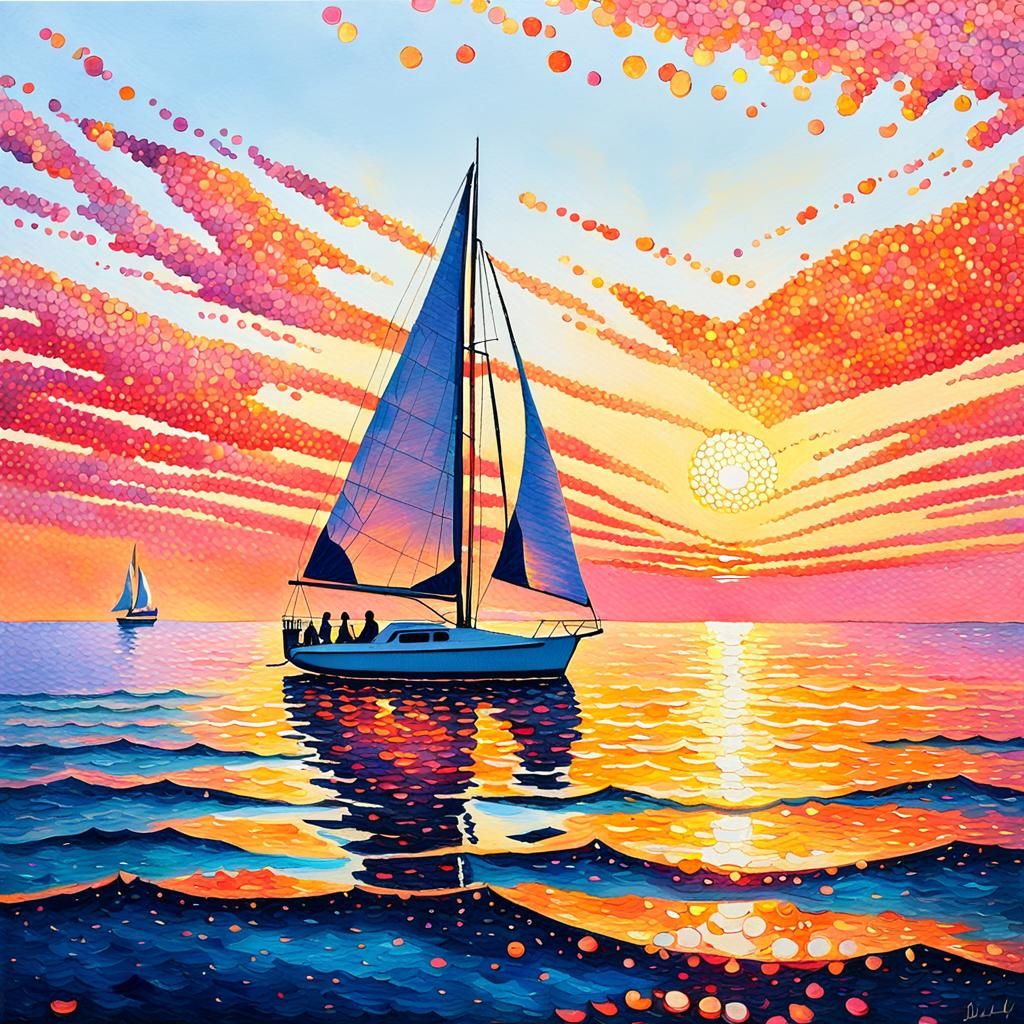 Sunset Sailboat in Pointillist Seascape Painting