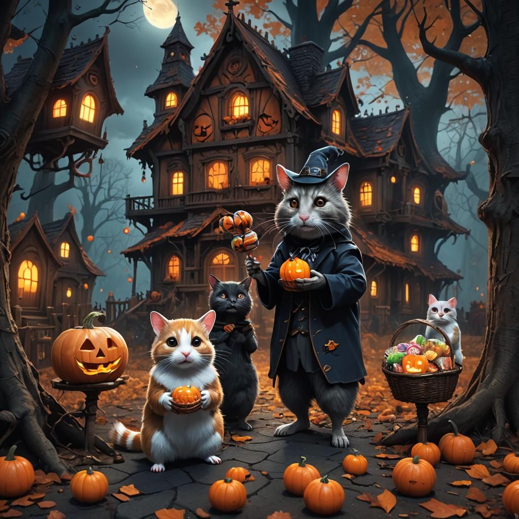Halloween Hamster and Cat in Dark Fantasy Art