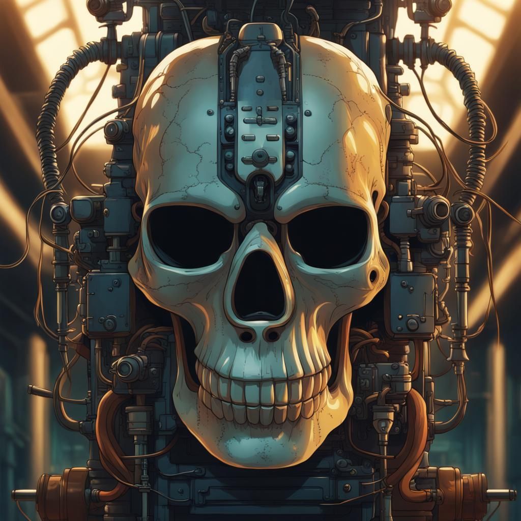 Ghibli-Style Skull Mask with Engines and Wires