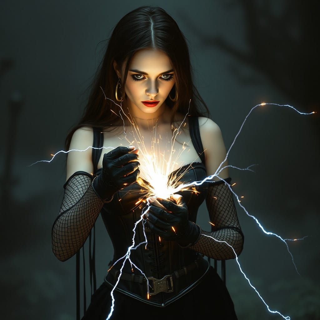 Gothic Woman Unleashes Electricity in Hyper-Realistic Scene