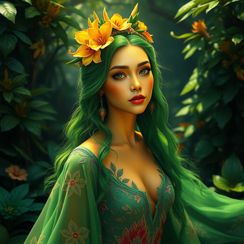 Enchanting Woman with Emerald Hair in Dreamlike Setting