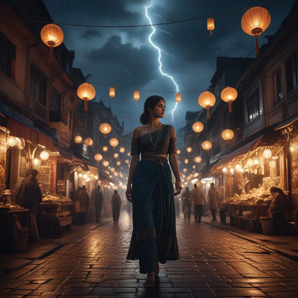 Vibrant Indian Night Market Scene in Mysterious Lighting