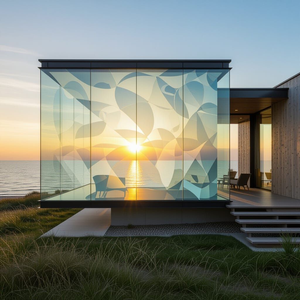 Glass and Wooden House with Blue and Yellow Sky