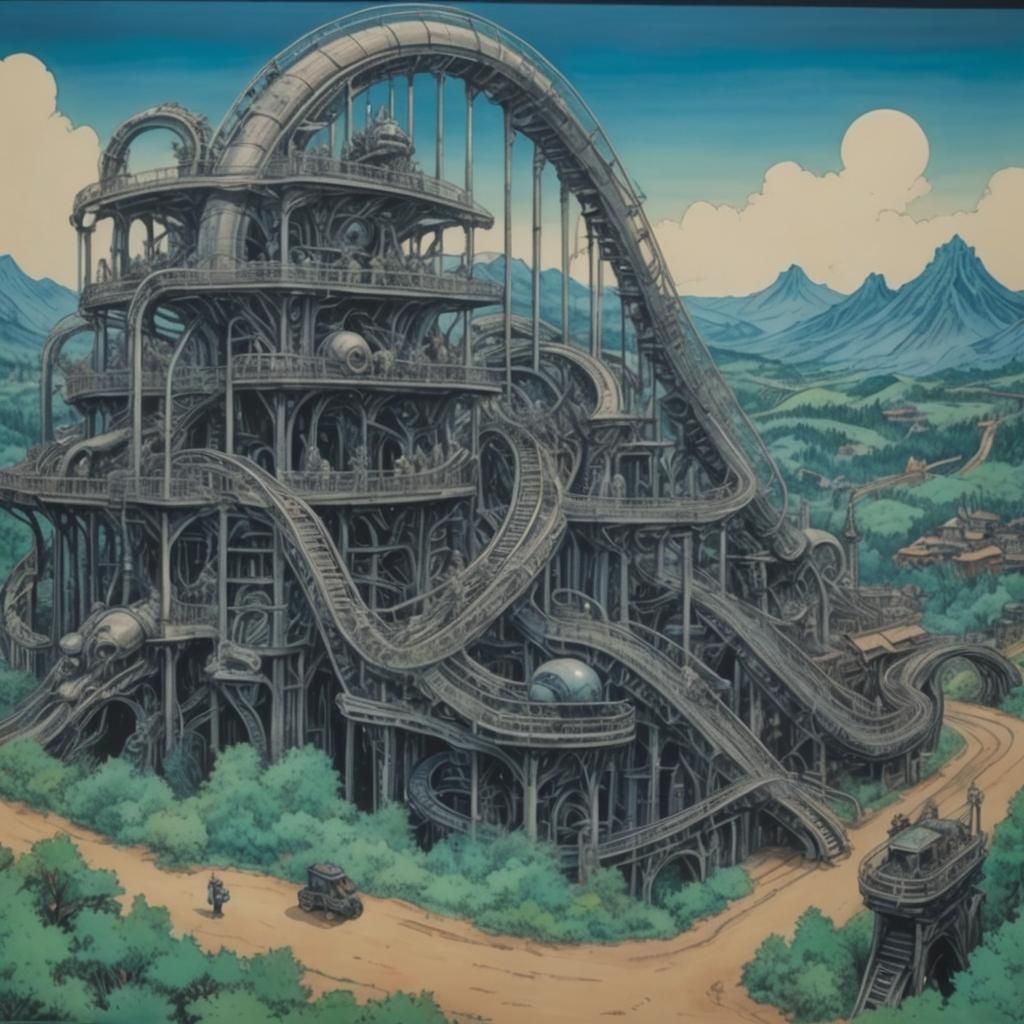 Biopunk Roller Coaster in Cel-Shaded Ink Style
