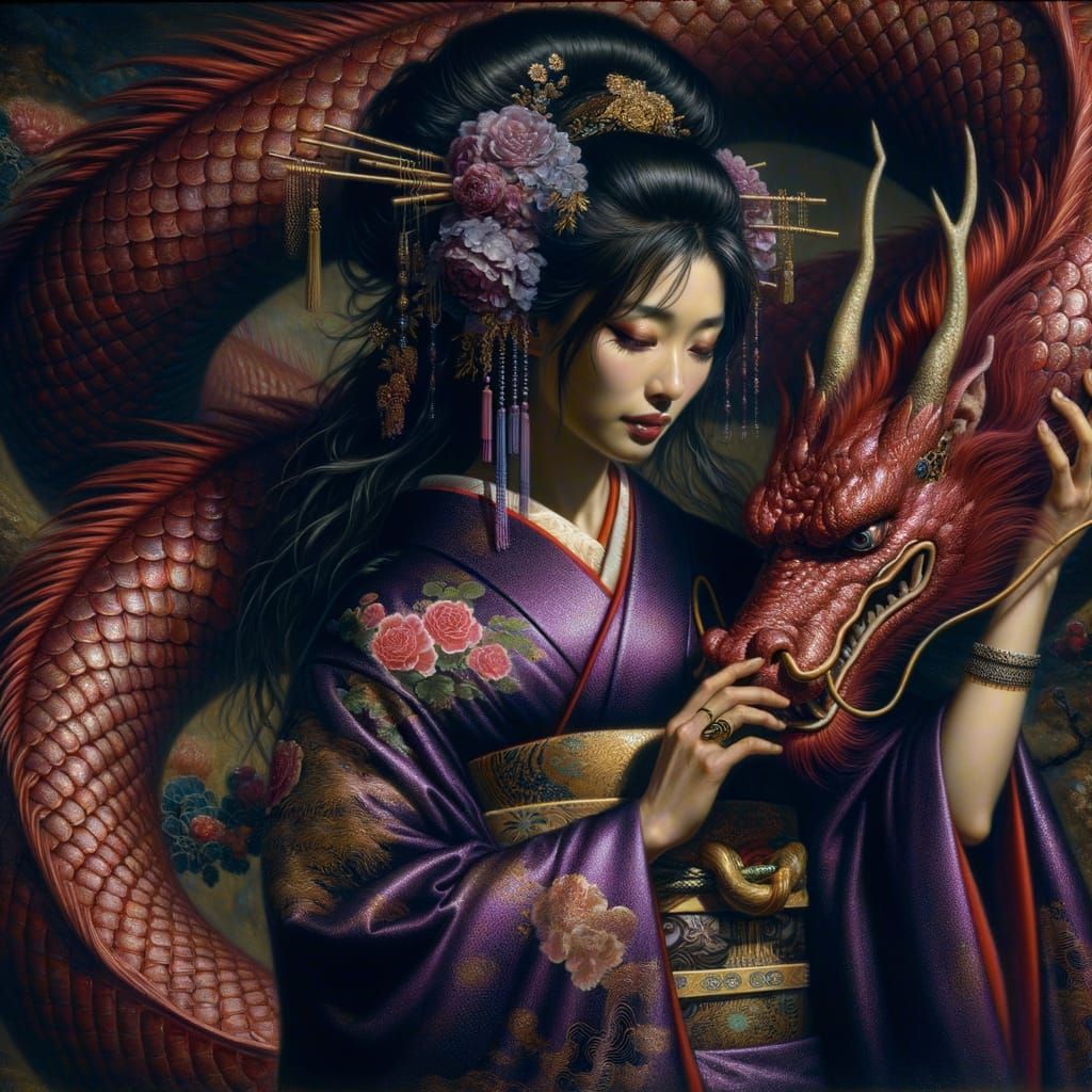Japanese Woman Embracing Dragon in Romantic Oil Painting