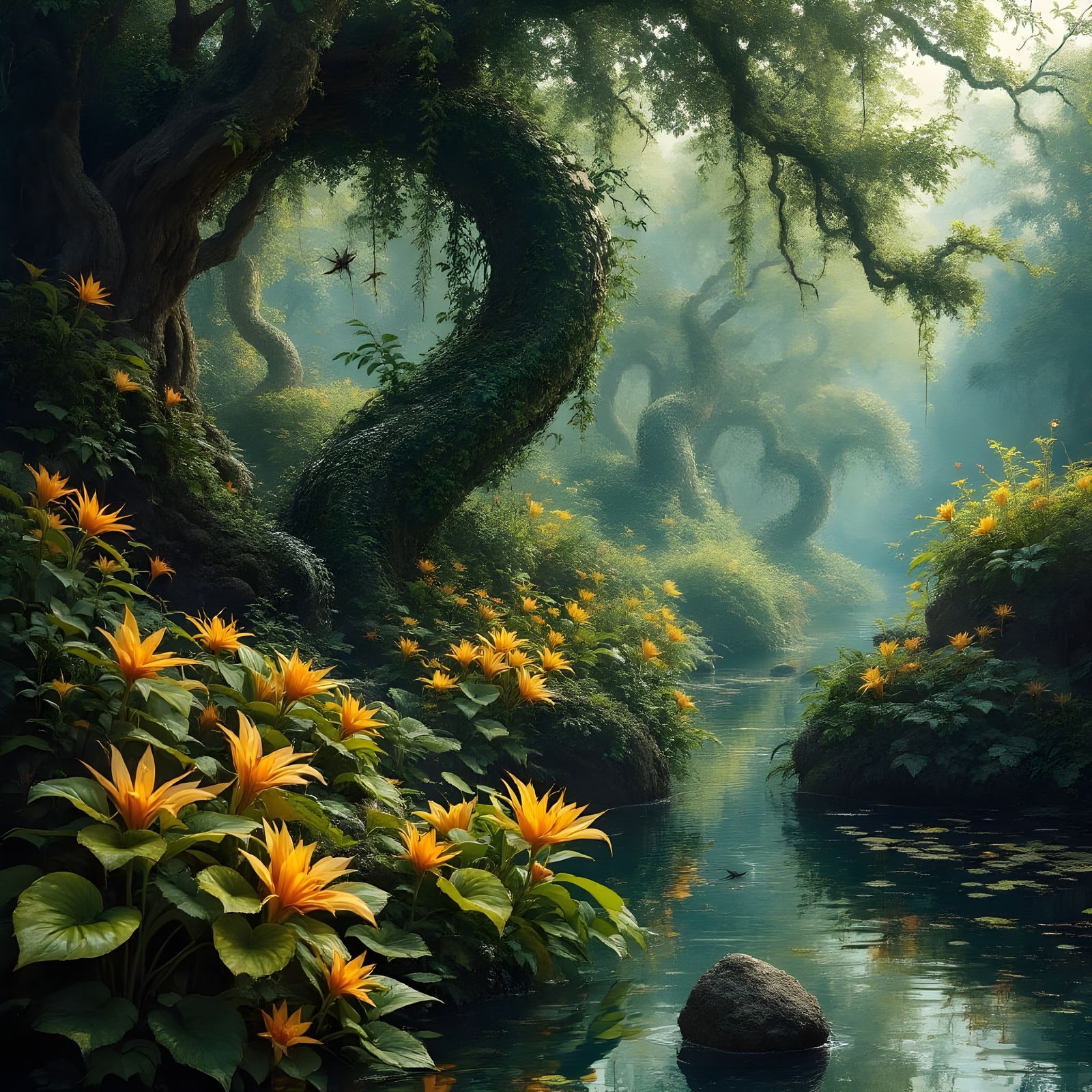 A Surreal Oasis in Bloom, with Serpents and Mayflies in a Lu...