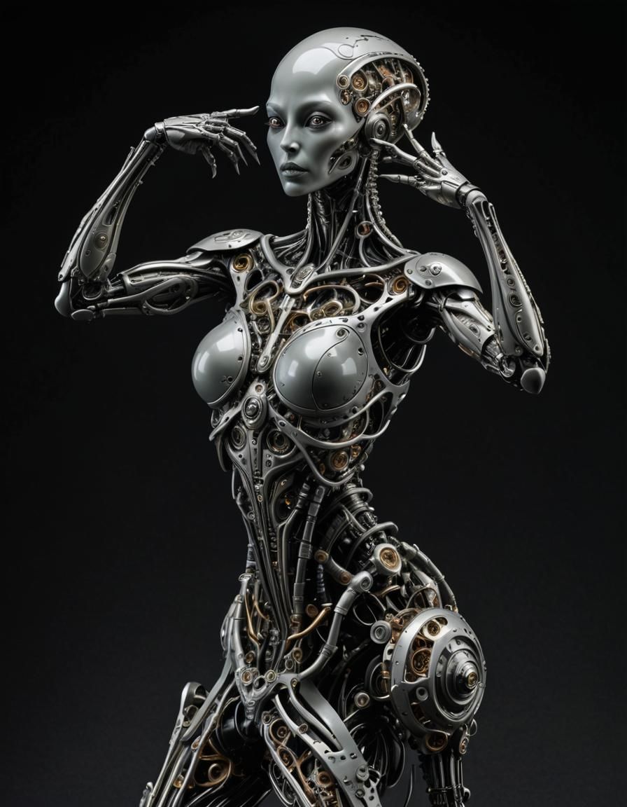 Biomechanical Alien Portrait in Monochromatic Dystopian Styl...