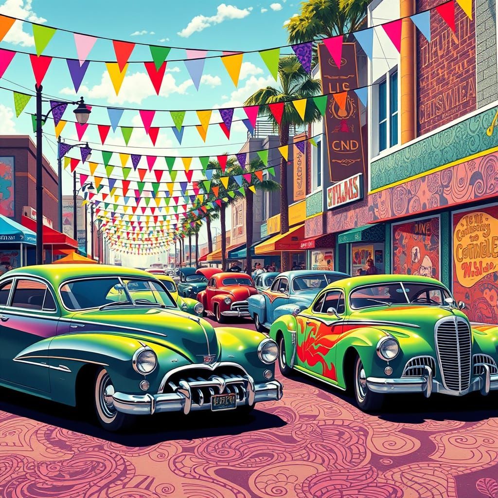 Retro-Futuristic Hot Rods in a Vibrant Street Scene