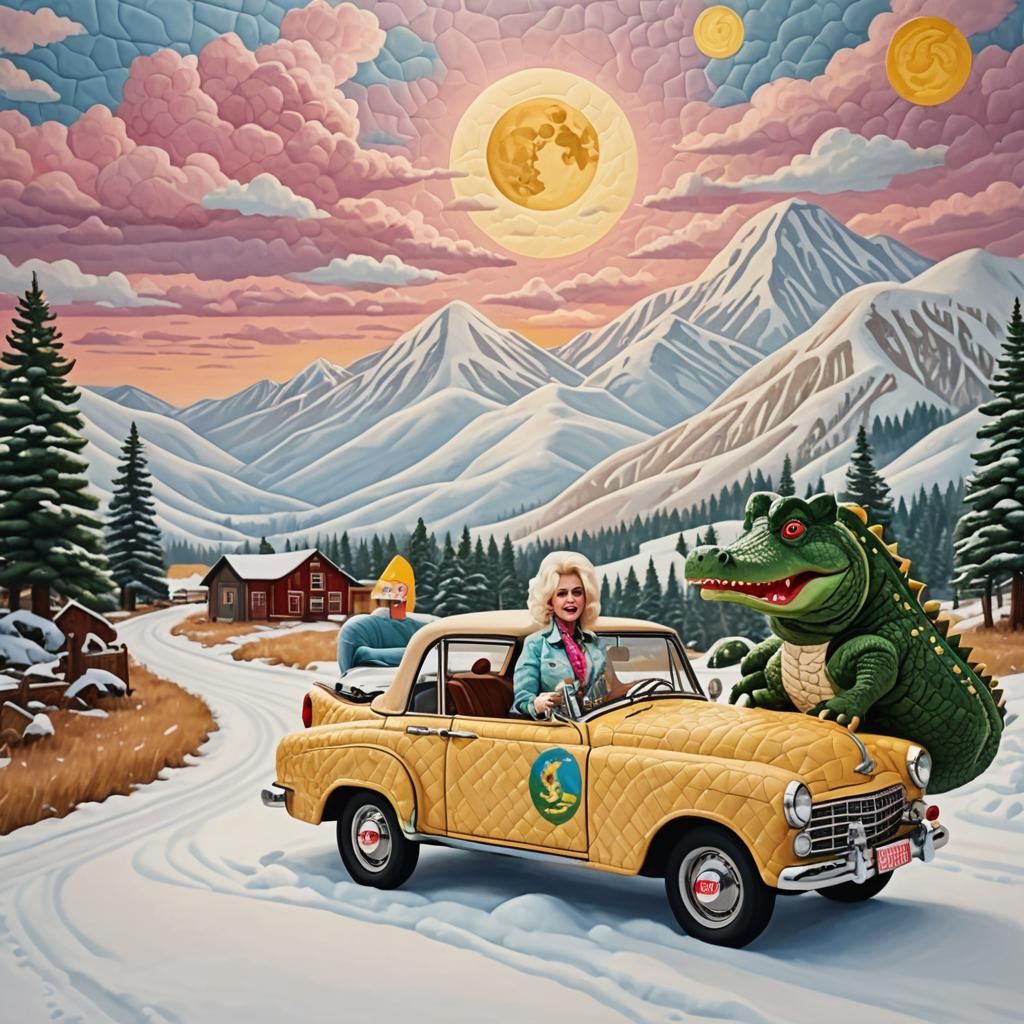 Dolly Parton Drives Crocodile Car in Surreal Scene