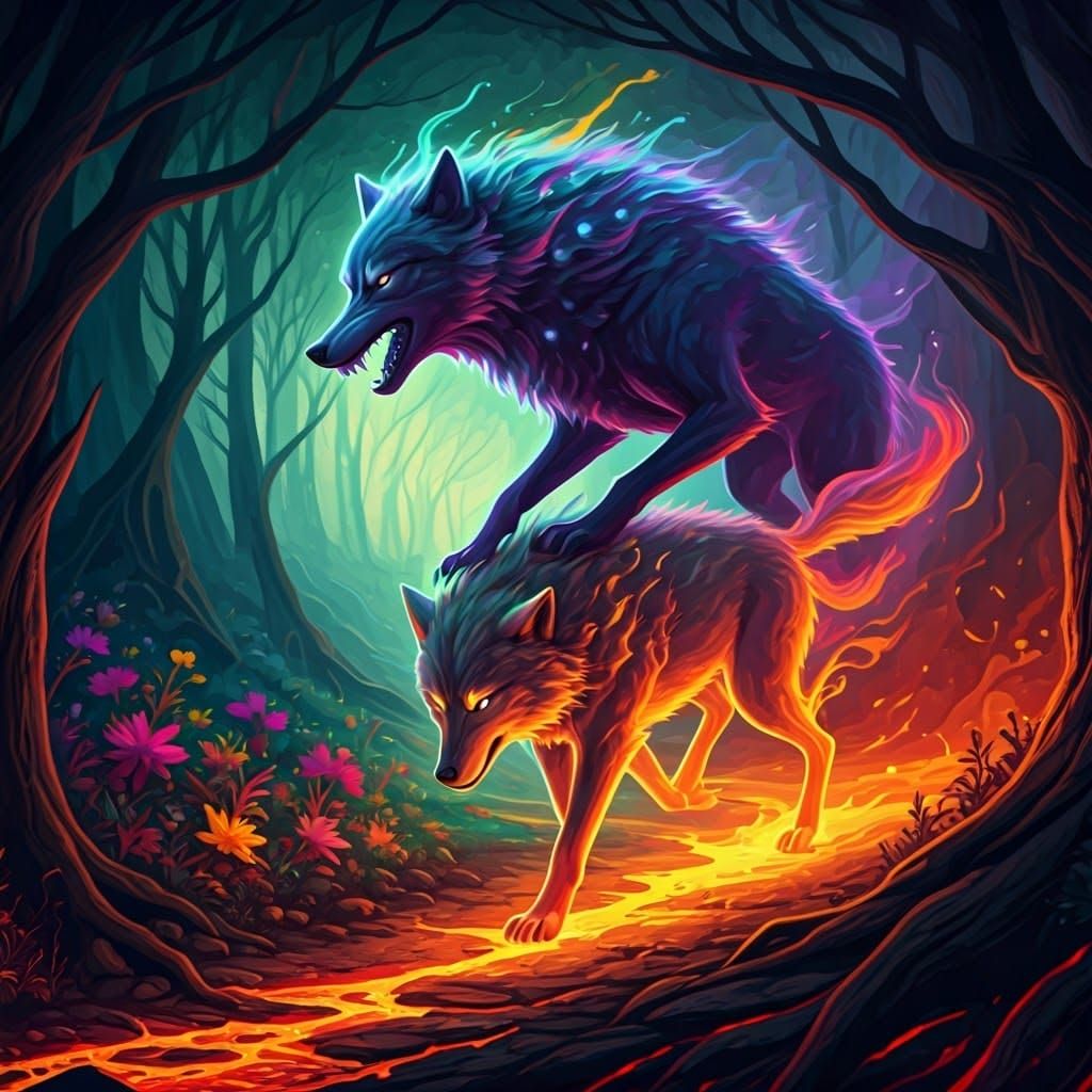 Rainbow Wolf vs Shadow Wolf in Cyberpunk Graffiti Style