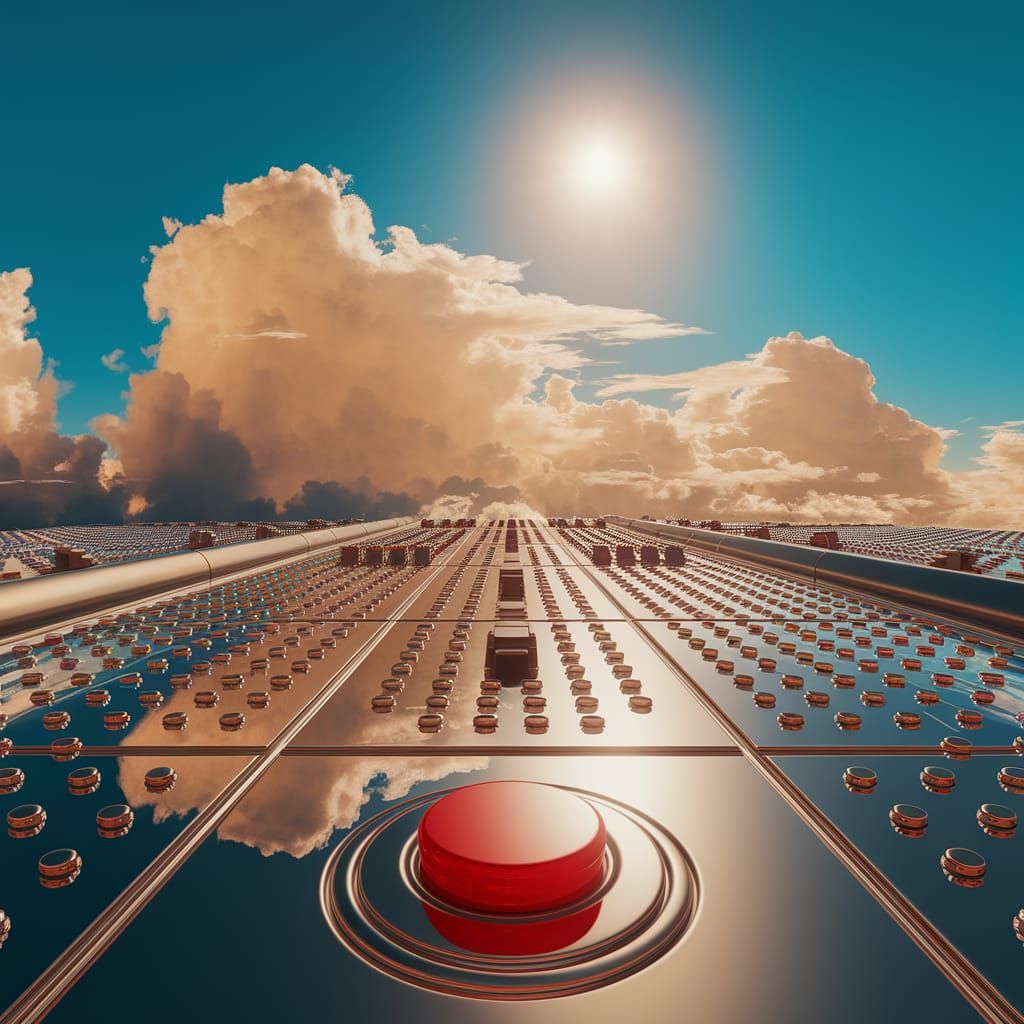 Surreal Industrial Landscape with Red Button and Sunlit Clou...