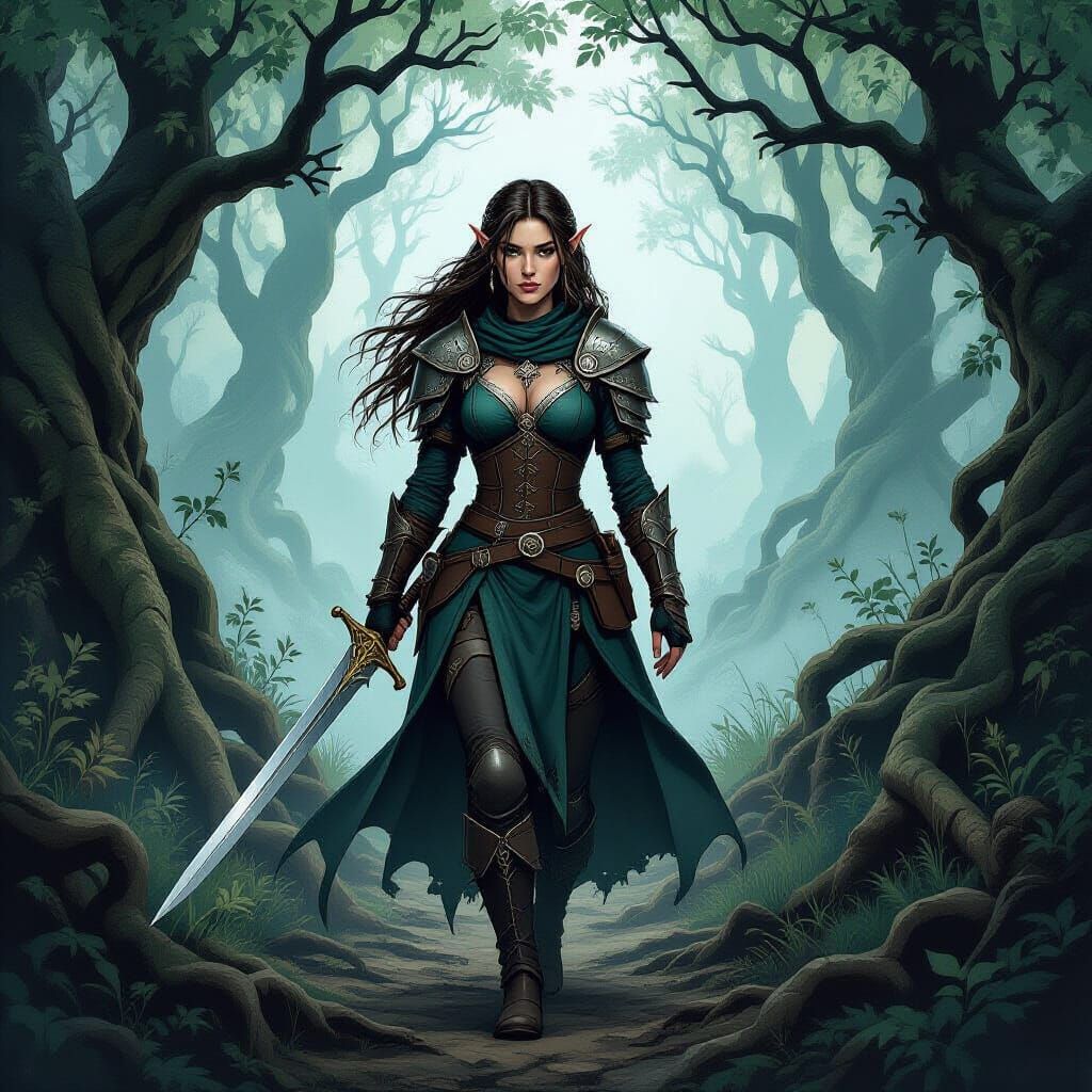 Elven Warrior in Dark Fantasy Forest