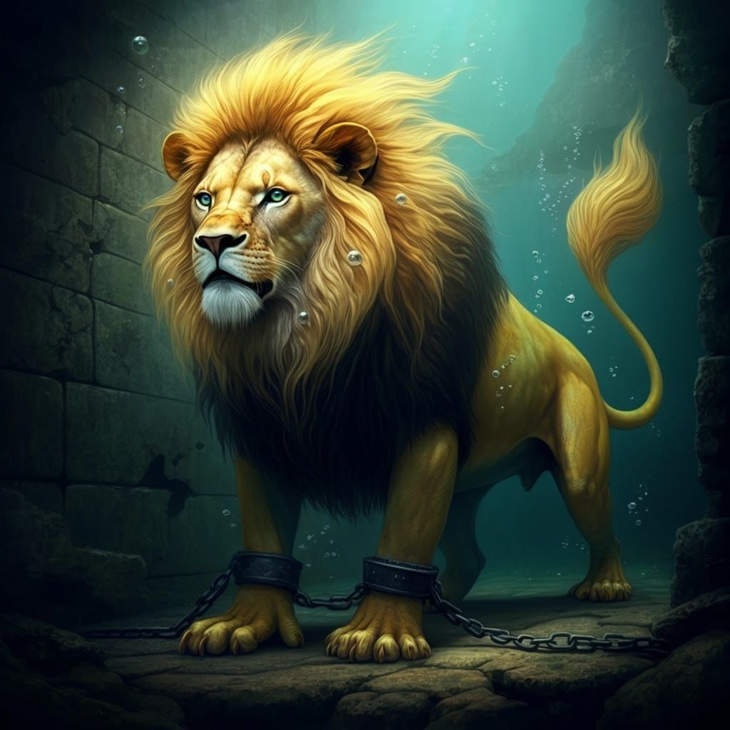 Lion-Monkeyfish Hybrid Chained to Ancient Stone Wall