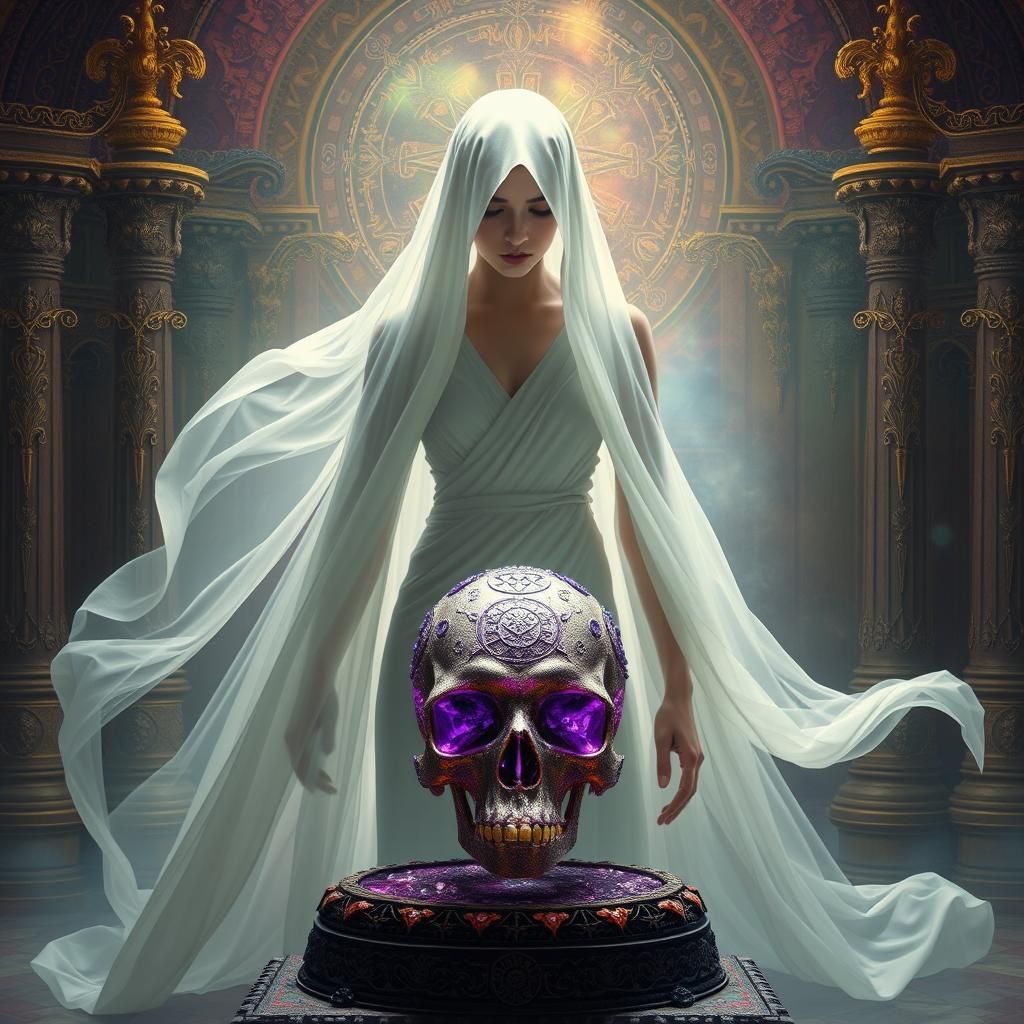 a beautiful priestess, barely dressed, an alter with a detai...